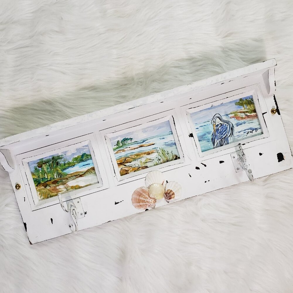 Vintage Signed Artsy Beachy Shabby chic Coastal Wall 2 Hook Shelf